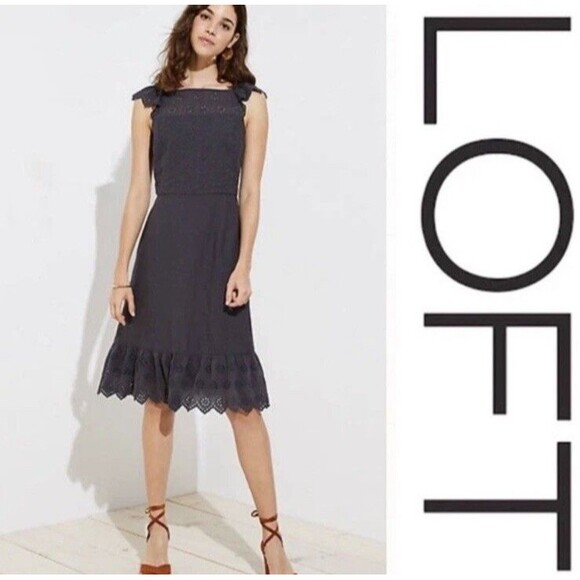 NWT Ann Taylor LOFT Gray Dress Size 4 Embroidered Eyelet Floral Flounce Hem $98 - Picture 1 of 12